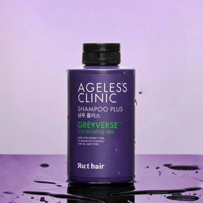 RU:T HAIR Ageless Clinic Shampoo Plus 300ml bottle on purple background
