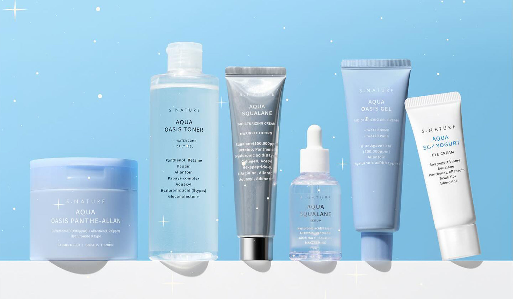 Skincare product lineup featuring toner, creams, and serums in blue packaging with a starry background.