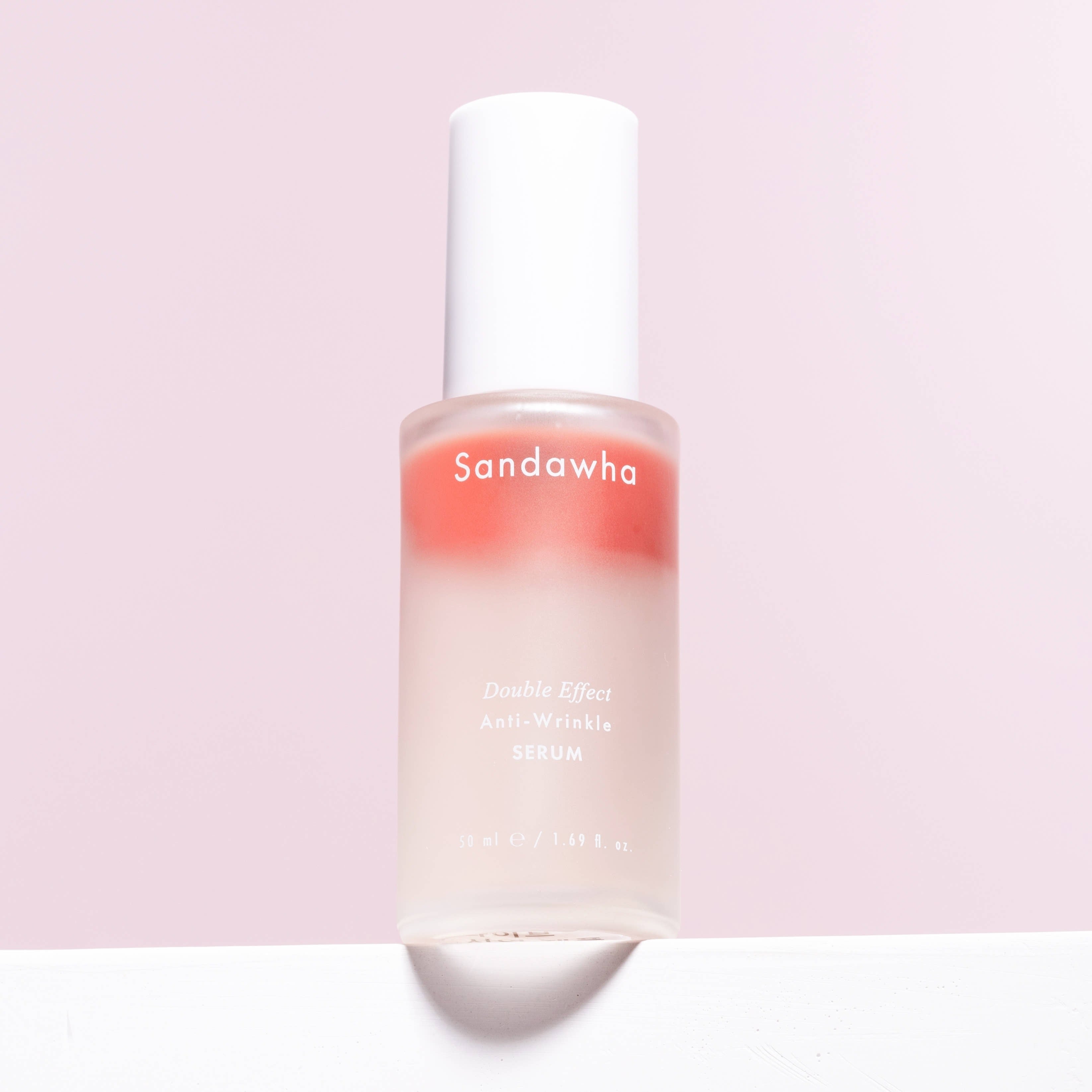 SANDAWHA Double Effect Anti Wrinkle Serum 50ml bottle on pink background