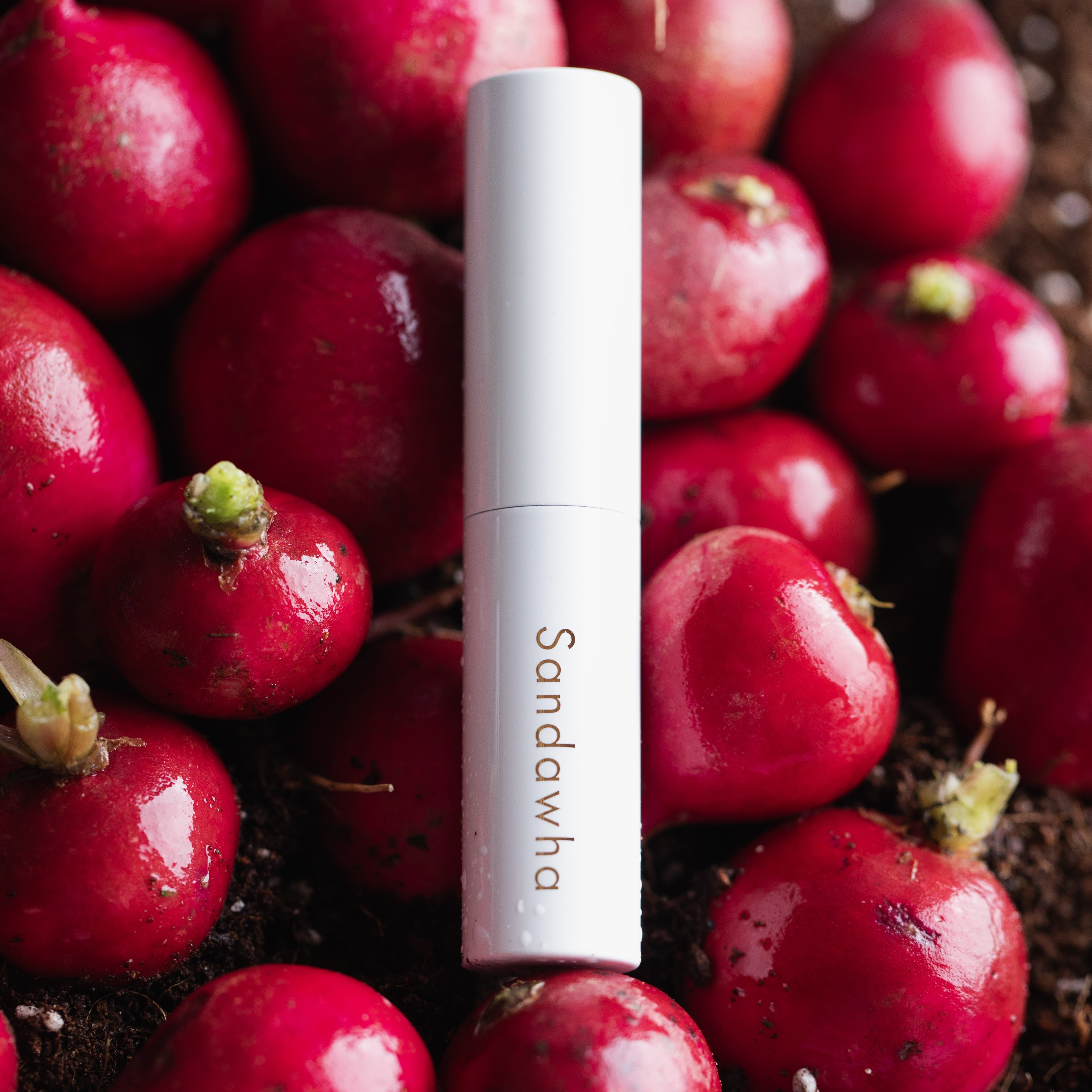 SANDAWHA Floral Halo Lip Glow tube surrounded by vibrant red fruits, showcasing natural beauty ingredients.