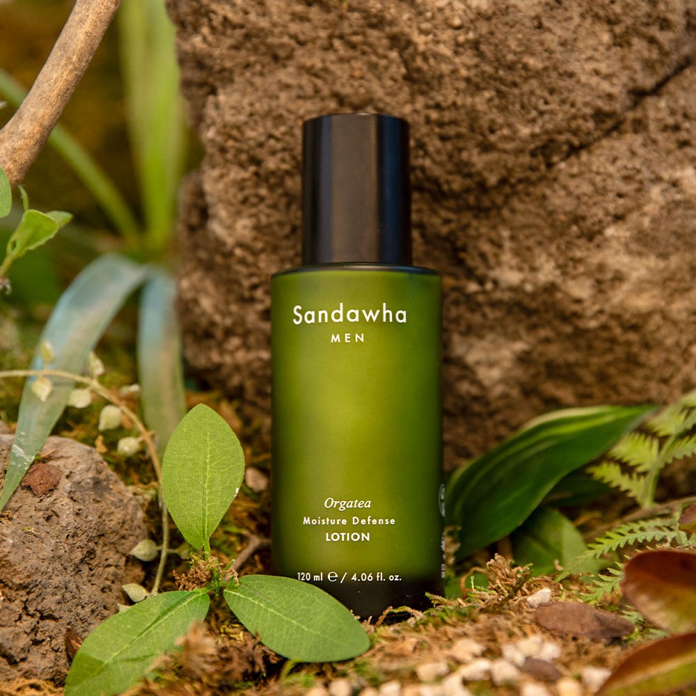 SANDAWHA For Men Orgatea Moiture Defense Lotion 120ml bottle on natural forest background by Gentleman Korea