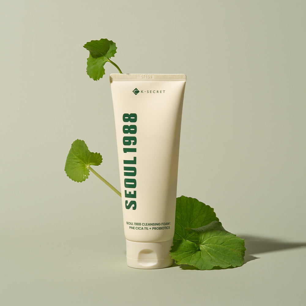 SEOUL 1988 Pine Cica Cleansing Foam with green leaves on a neutral background