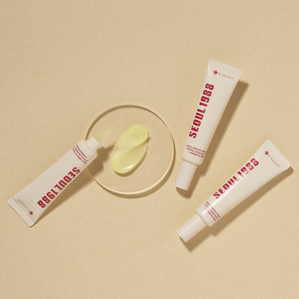 SEOUL 1988 Retinal Fermented Soybean Eye Cream tubes and product smear on beige background.