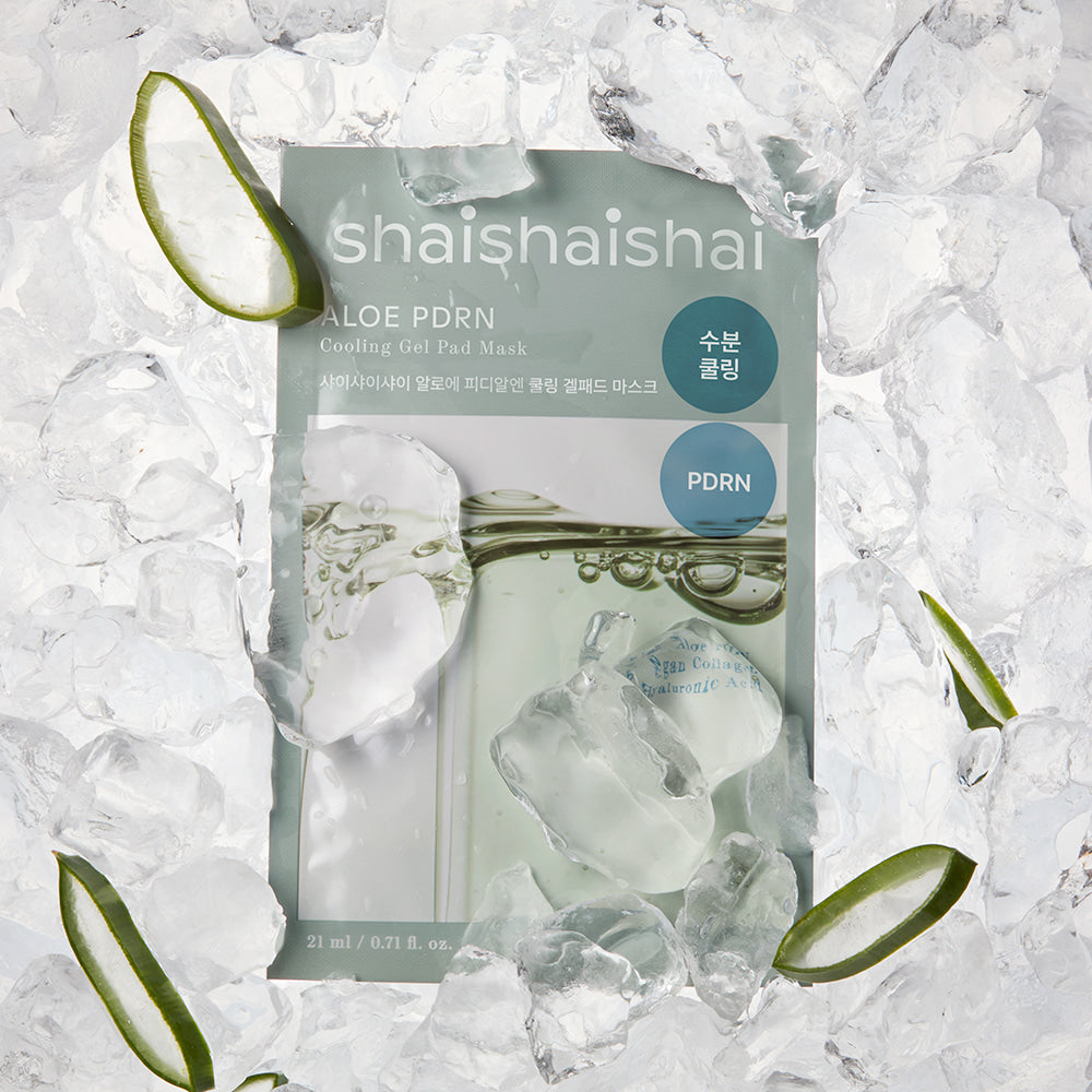 SHAISHAISHAI [10+10]Aloe PDRN Cooling Gel Pads Mask 10 Sheets with aloe slices and ice for soothing skincare effect.