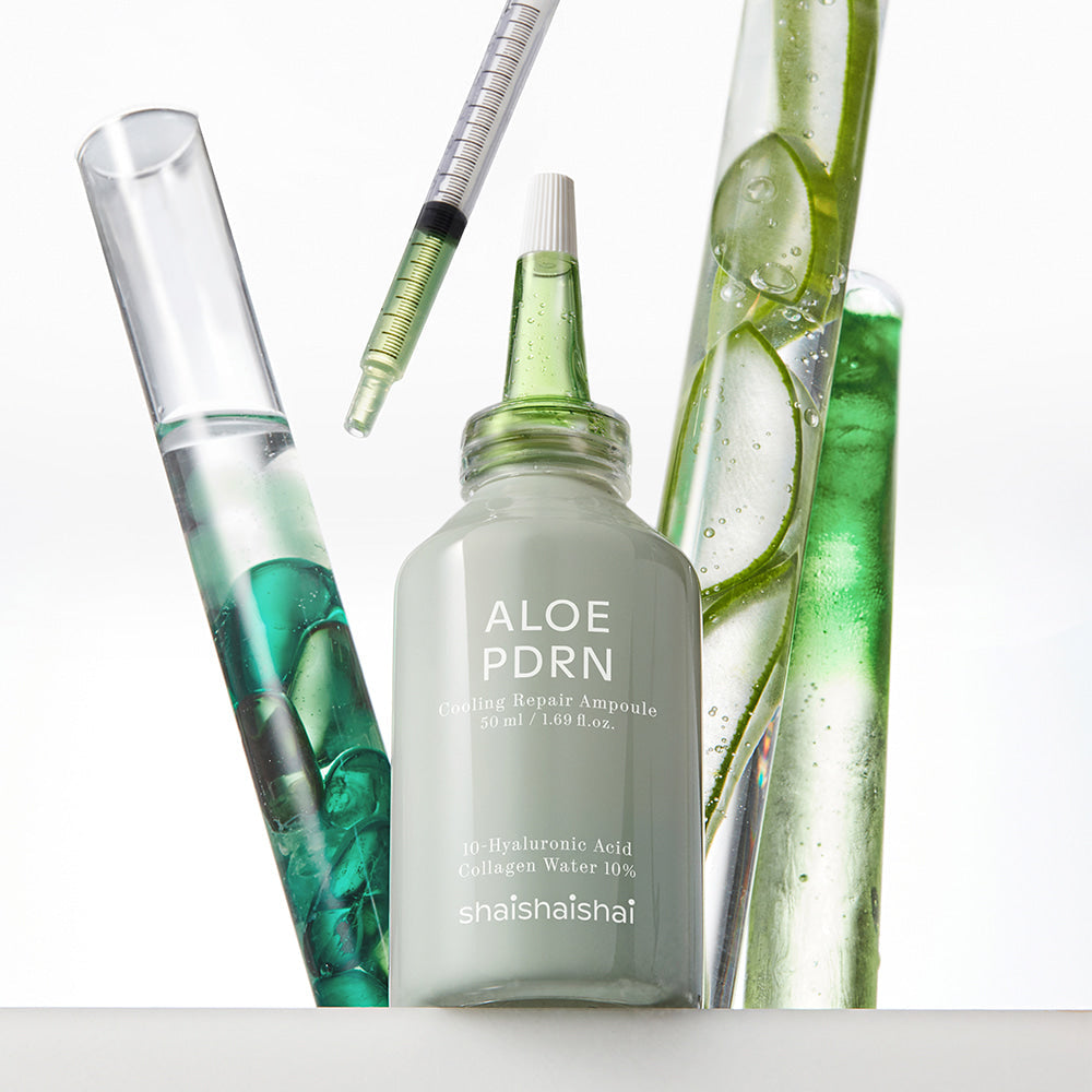 SHAISHAISHAI [1+1] Aloe PDRN Cooling Repair Ampoule 50ml with green and clear liquid in vials for skincare healing.