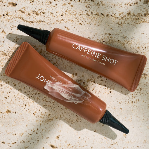 SHAISHAISHAI Caffeine Shot Collagen Eye Cream 30g tubes on textured surface