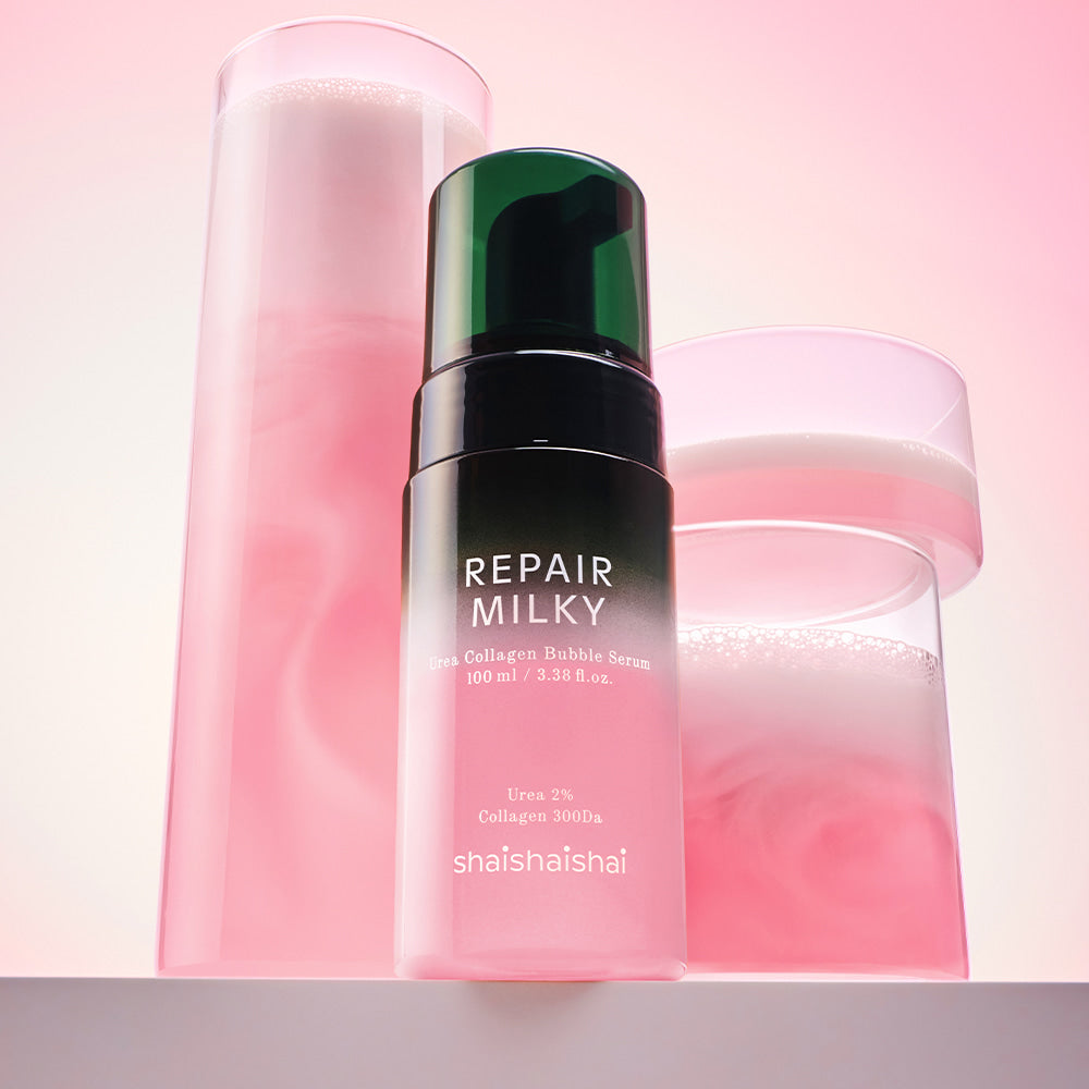 SHAISHAISHAI Repair Milky Urea Glow Bubble Serum 100ml in elegant packaging with pink gradient background