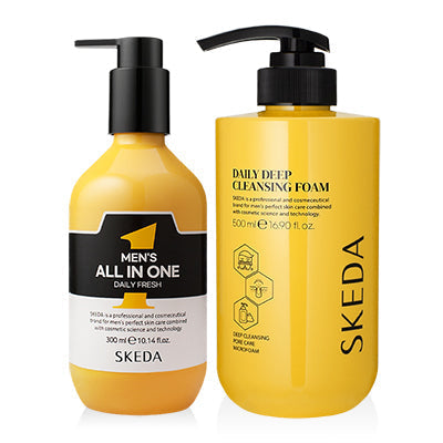 SKEDA Men's Large Capacity (Cleansing Foam+All-in-One) 2 Pieces Set by Gentleman Korea – yellow pump bottles for men's skincare, daily cleansing foam and all-in-one