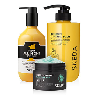 Skeda Men's Large Capacity (Cleansing Foam+All-In-One) + Sleeping Pack 3 Pieces Set