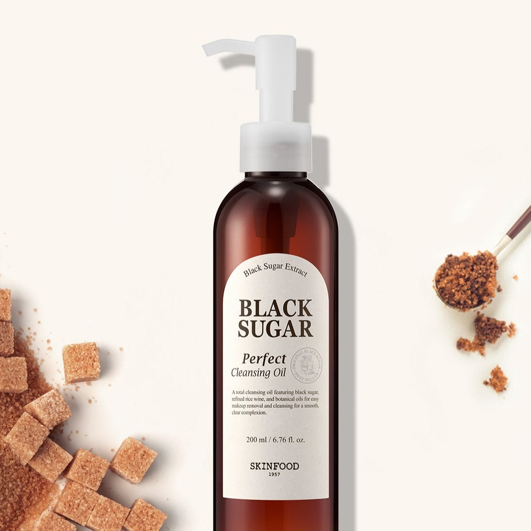 SKINFOOD Black Sugar Perfect Cleansing Oil 200ml bottle with sugar cubes in the background
