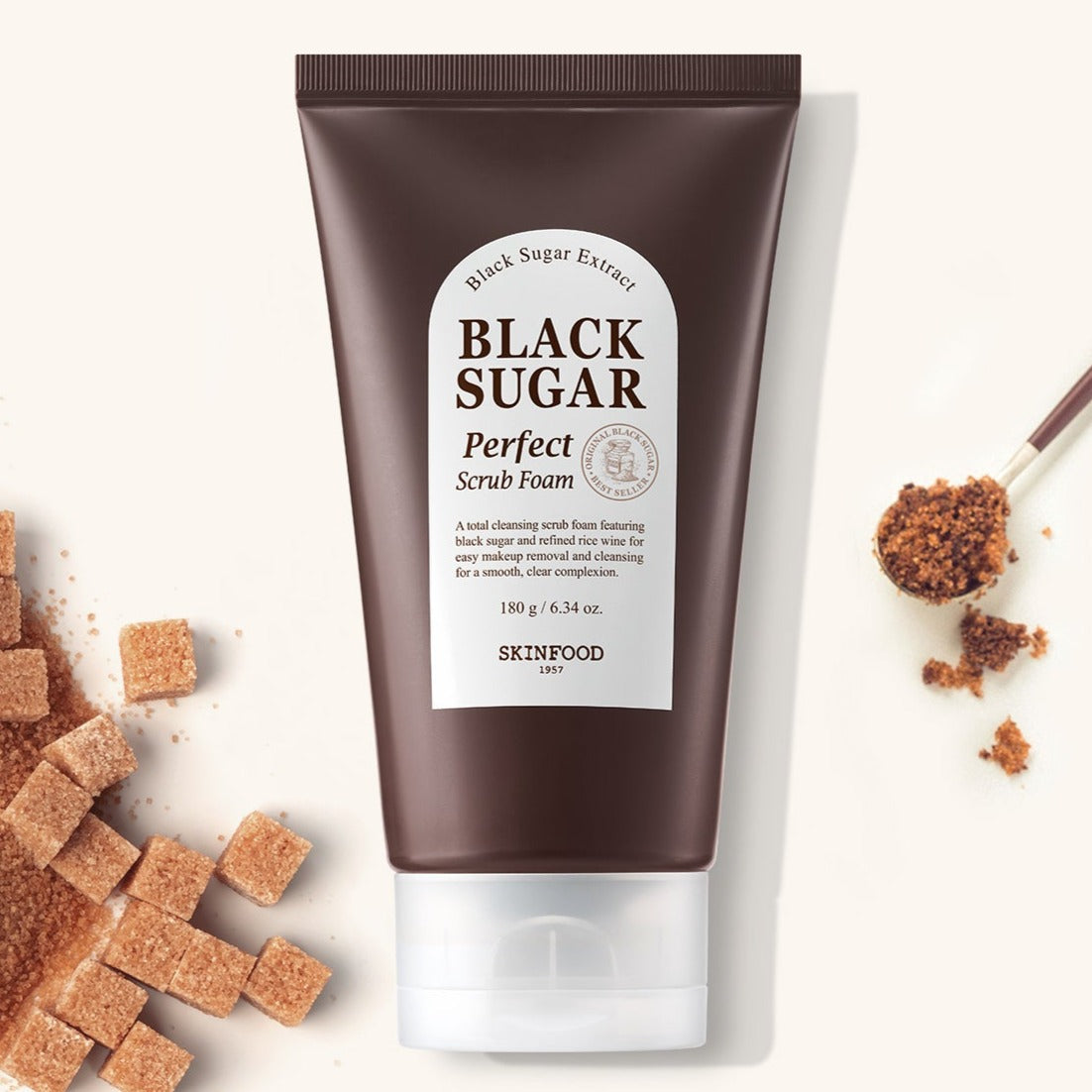 SKINFOOD Black Sugar Perfect Scrub Foam 180g with brown sugar cubes and granules