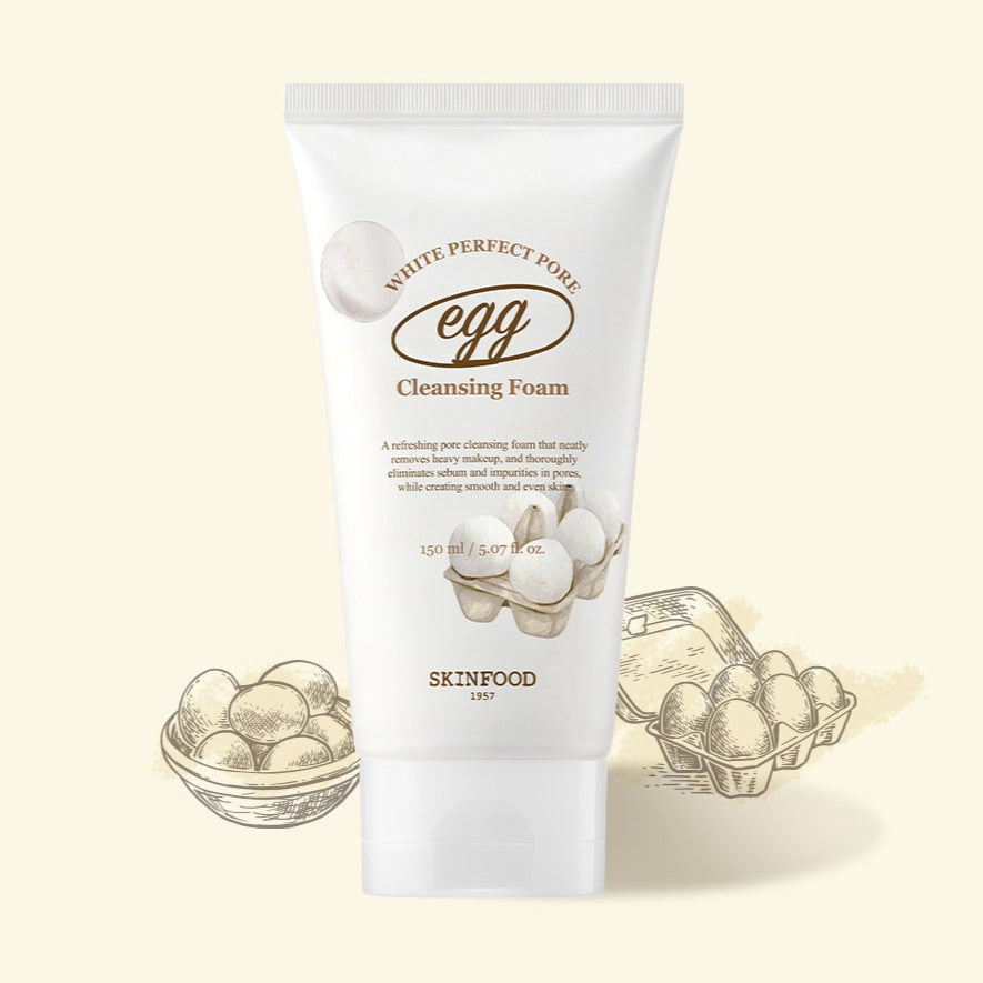 SKINFOOD Egg White Perfect Pore Cleansing Foam 150ml product packaging with egg illustration background.