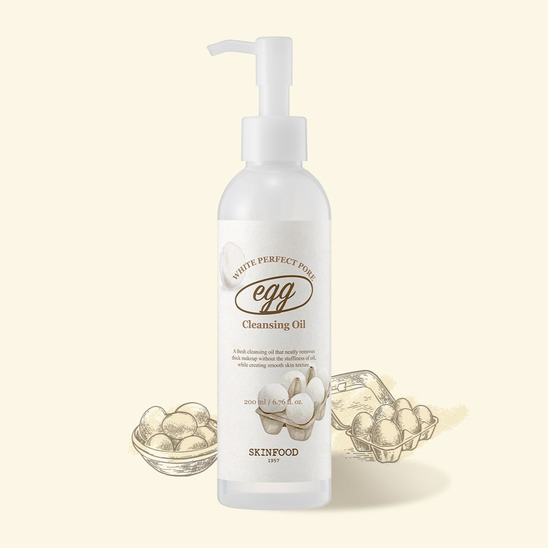 SKINFOOD Egg White Perfect Pore Cleansing Oil 200ml in a bottle with egg illustrations in the background.