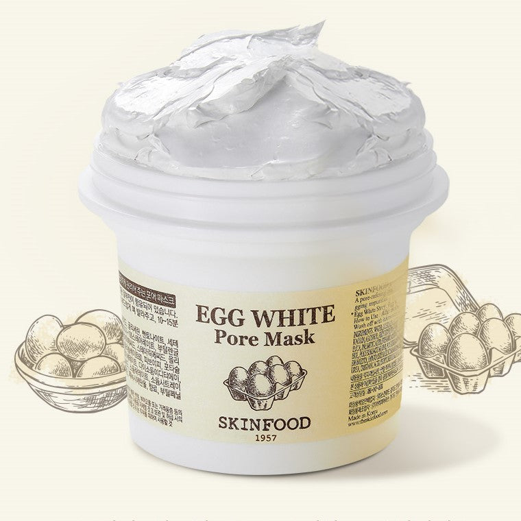 SKINFOOD Egg White Pore Mask 120g in a jar, showcasing its creamy texture, skincare product for minimizing pores and enhancing complexion.