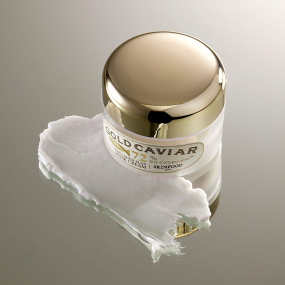 SKINFOOD Gold Caviar Collagen Mask Cream 50g in jar with cream sample