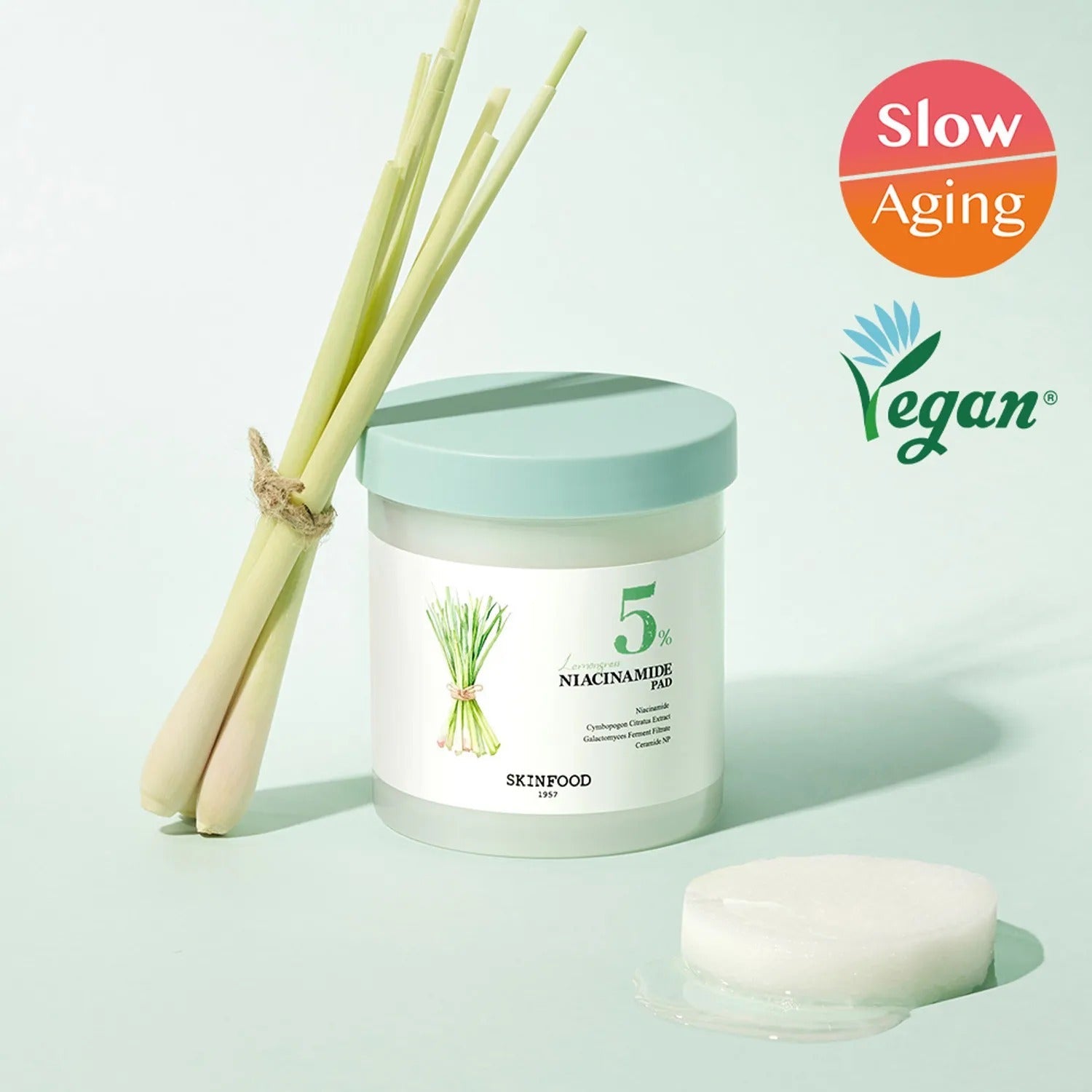 SKINFOOD Lemongrass Niacinamide 5 60 Pads with soothing lemongrass and niacinamide formula, ideal for skin brightening and rejuvenation.