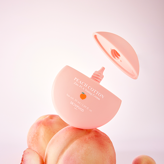 SKINFOOD [NEW] Peachy Zinc PCA Toning Cream 50ml container with peaches background