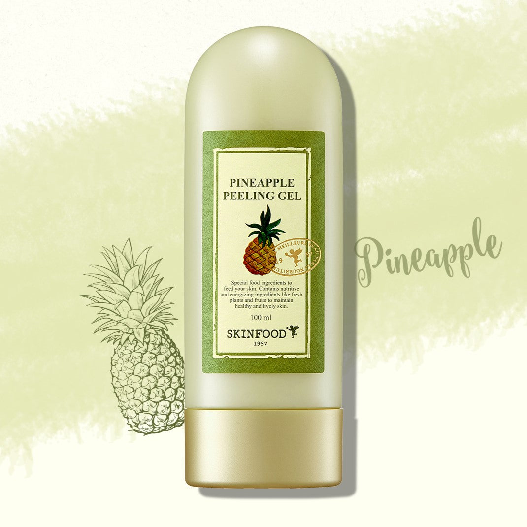 SKINFOOD Pineapple Peeling Gel 100ml product image with a pineapple design in the background.