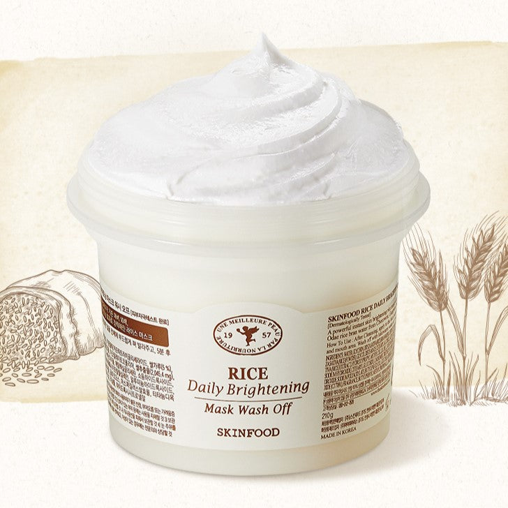 SKINFOOD Rice Daily Brightening Mask Wash Off 210g in a container with textured cream and rice illustration background.
