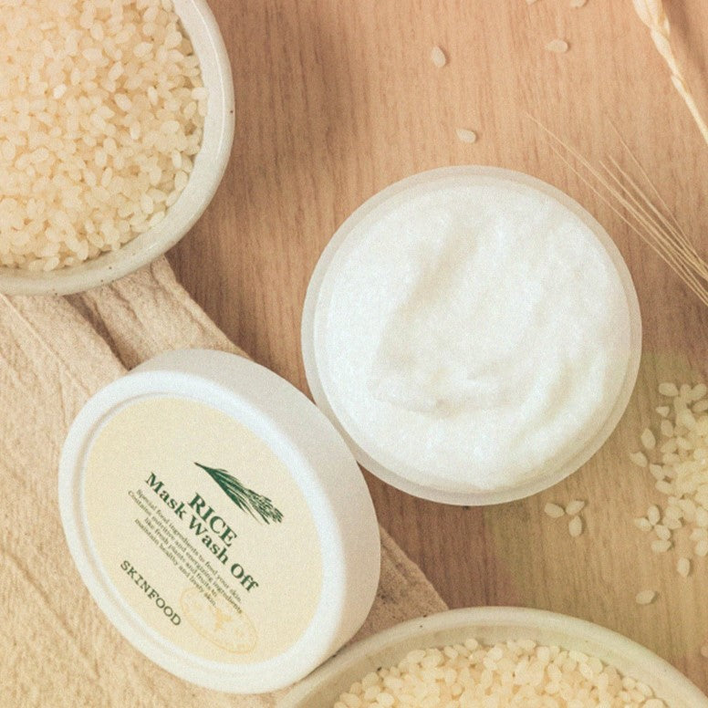 SKINFOOD Rice Mask Wash Off 120g with open jar surrounded by rice grains, highlighting nourishing skincare benefits.