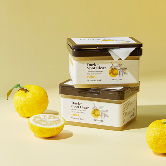 SKINFOOD Yuja C Vita Daily Mask 30p 270g containers with fresh yuja fruits.