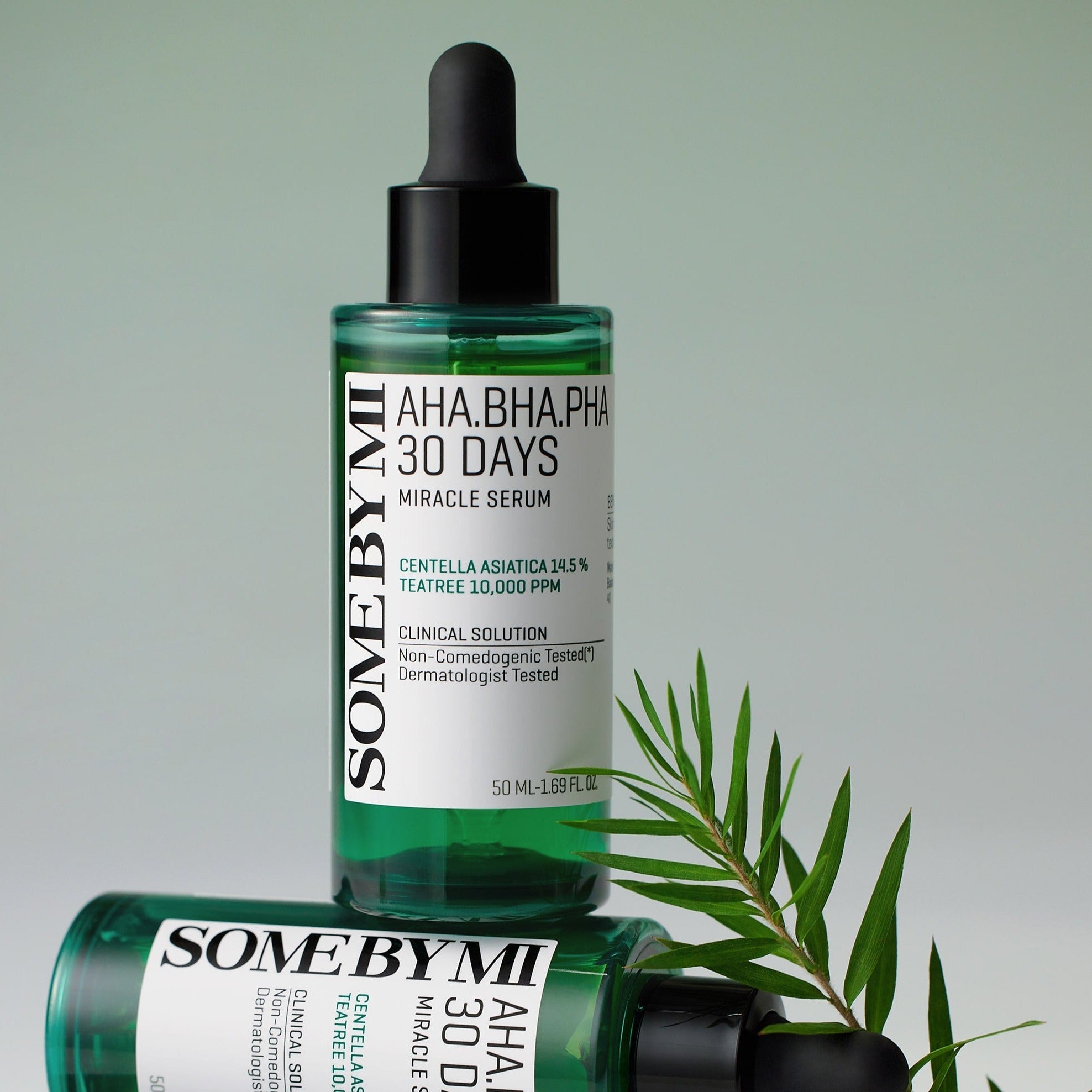 SOME BY MI AHA.BHA.PHA Miracle Serum 50ml bottle with green leaf background, featuring skincare formula details on label.