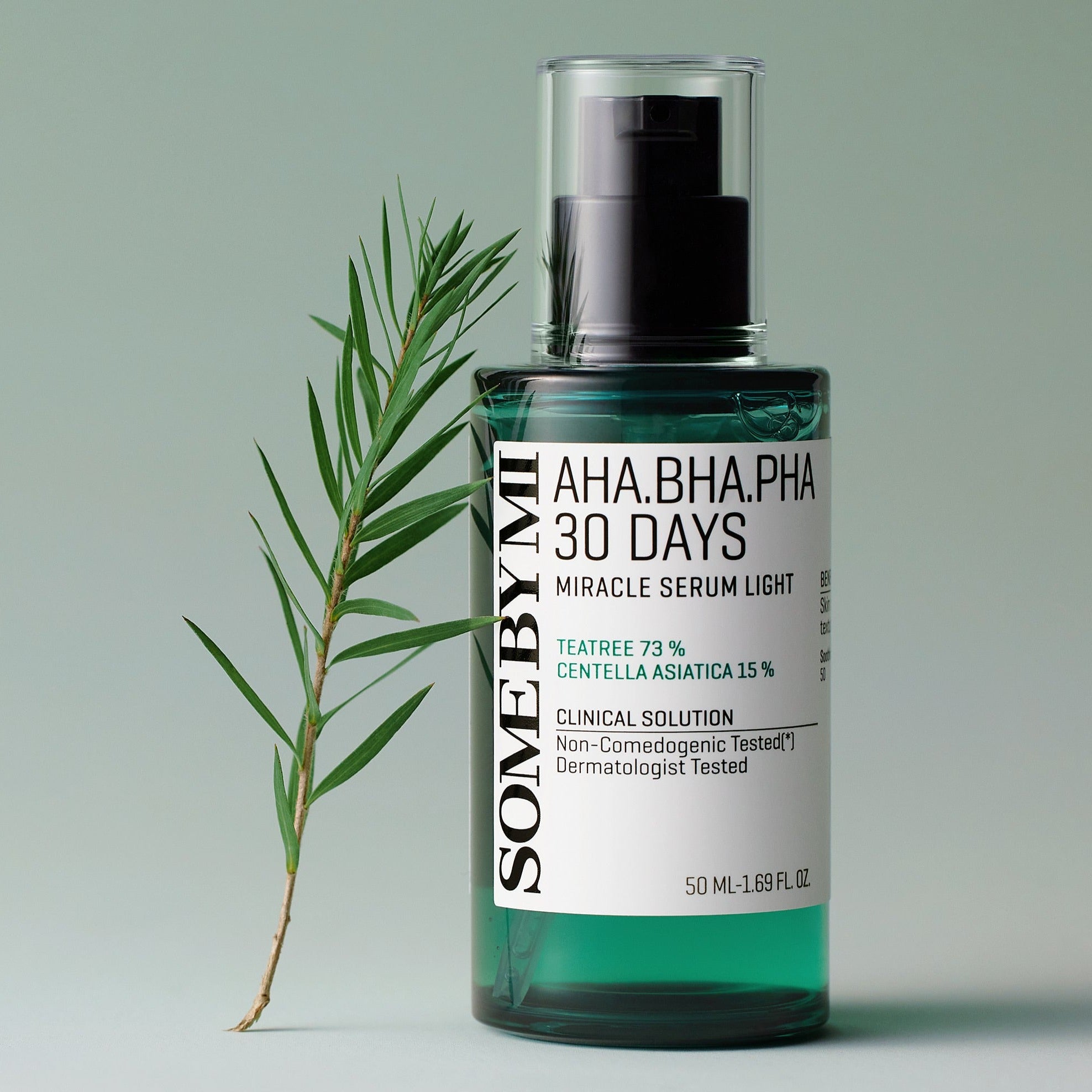 SOME BY MI AHA.BHA.PHA Miracle Serum Light 50ml bottle with tea tree and centella asiatica illustration.