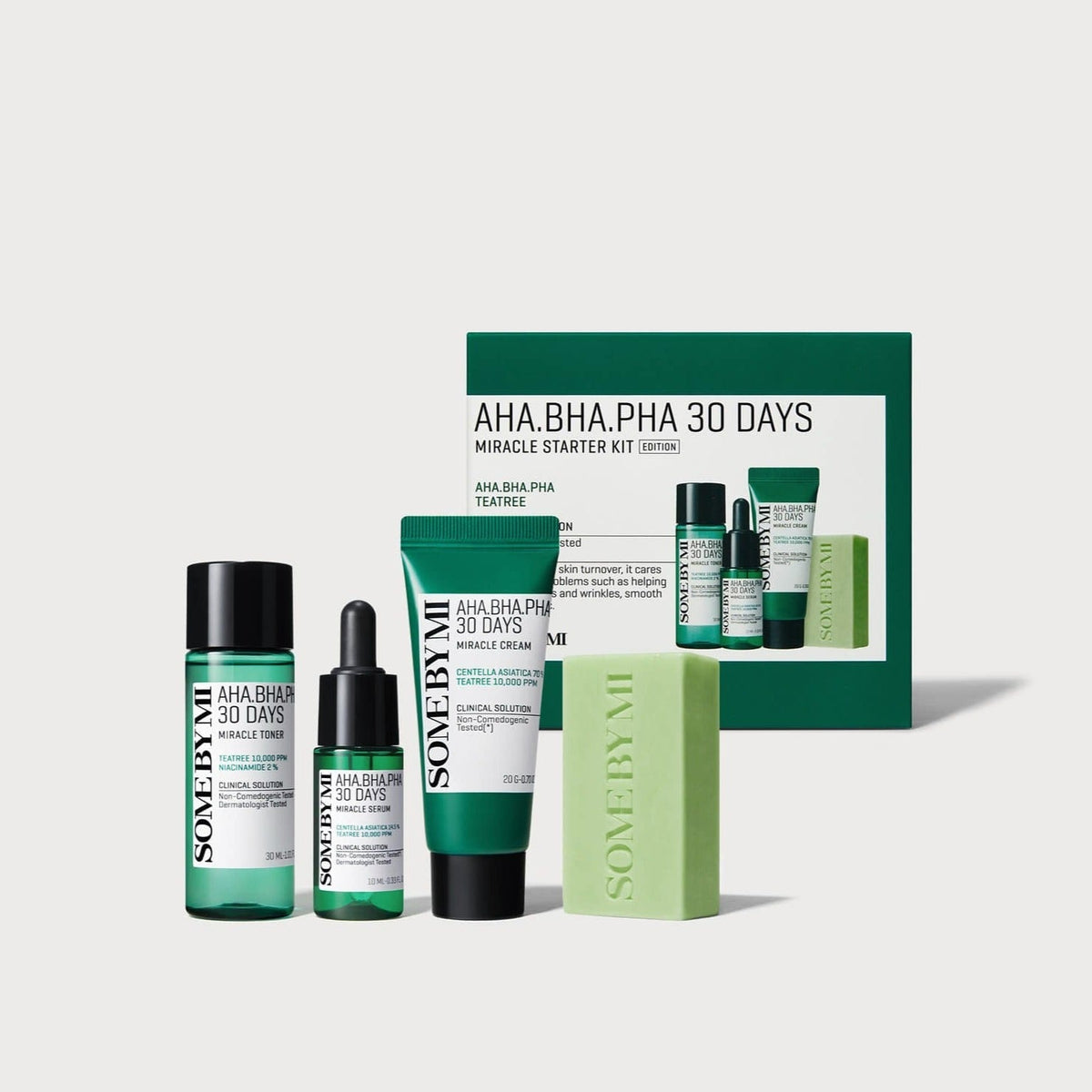 Image of SOME BY MI AHA.BHA.PHA Miracle Starter Kit (Cleansing Bar+Toner+Serum+Cream) with product packaging.