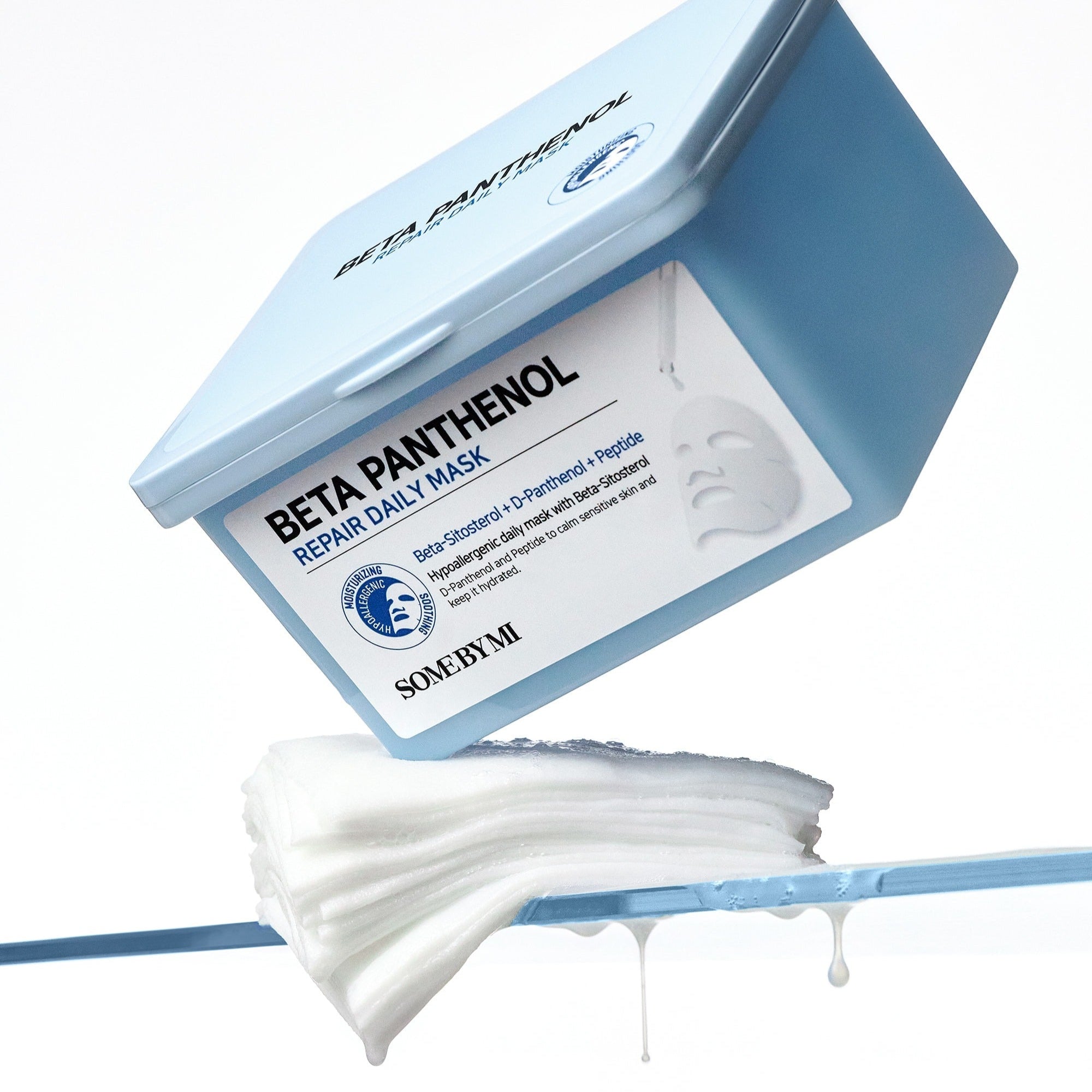 SOME BY MI Beta Panthenol Repair Daily Mask 30ea showcasing mask texture and packaging with drips highlighting moisture benefits.