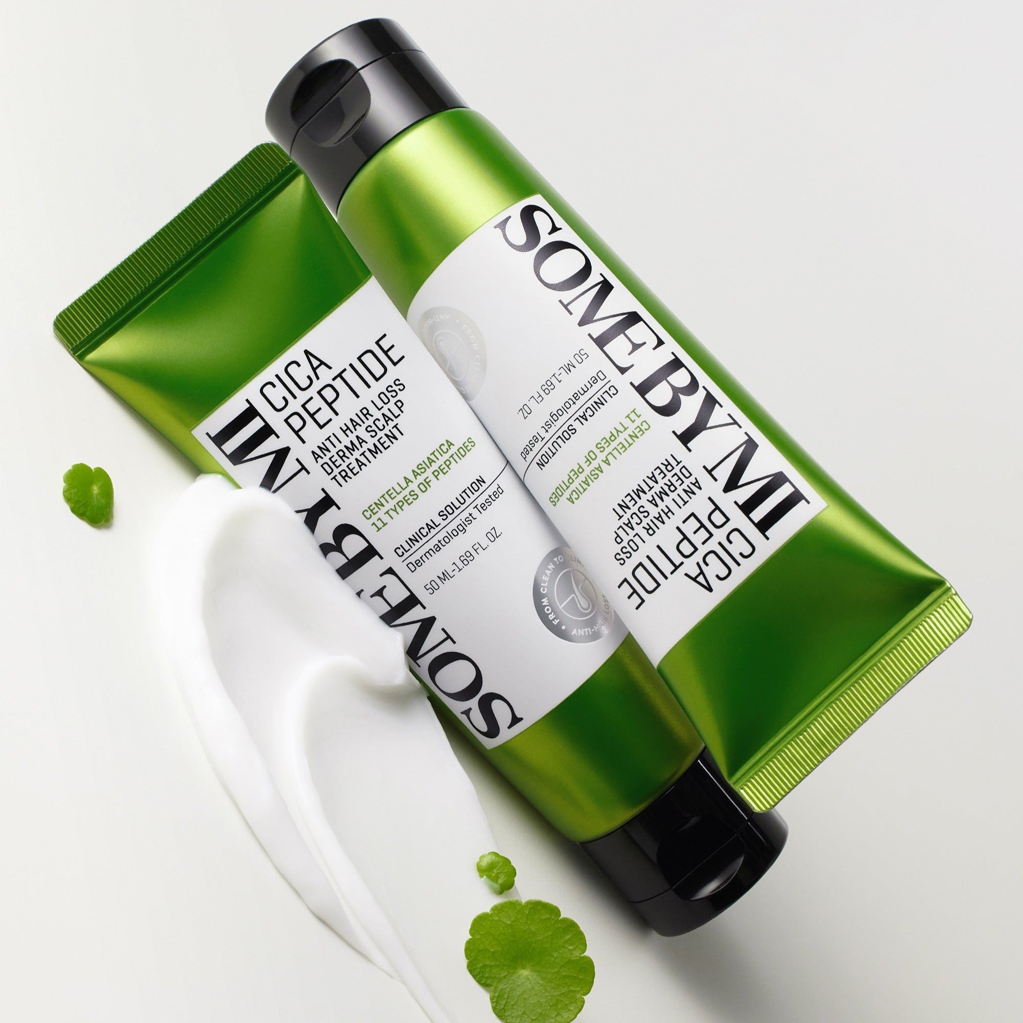 SOME BY MI Cica Peptide Anti Hair Loss Derma Scalp Treatment 50ml tubes on white background with green leaves