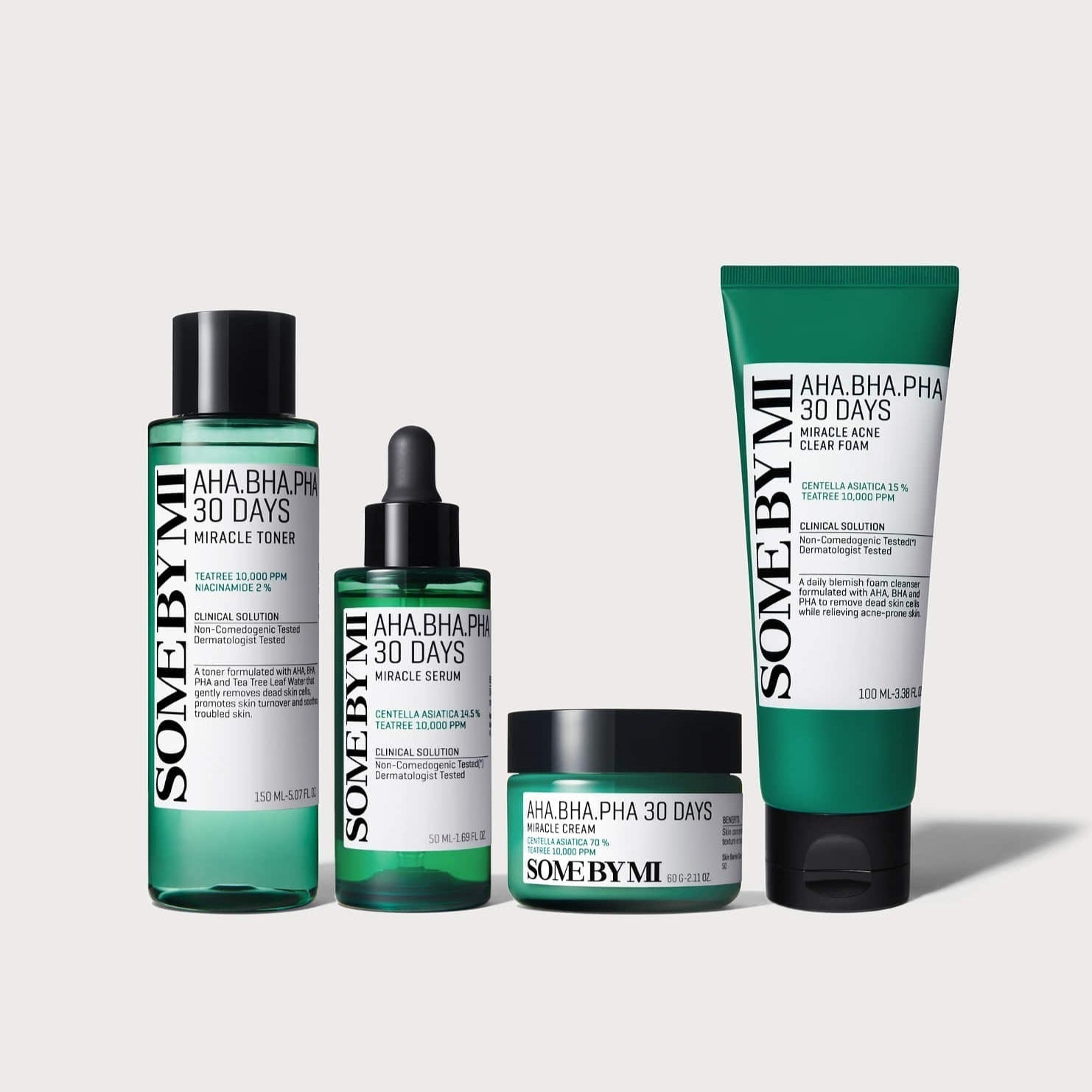 SOME BY MI Miracle All Care Set (Foam+Toner+Serum+Cream+Mask) featuring skincare products for daily use.