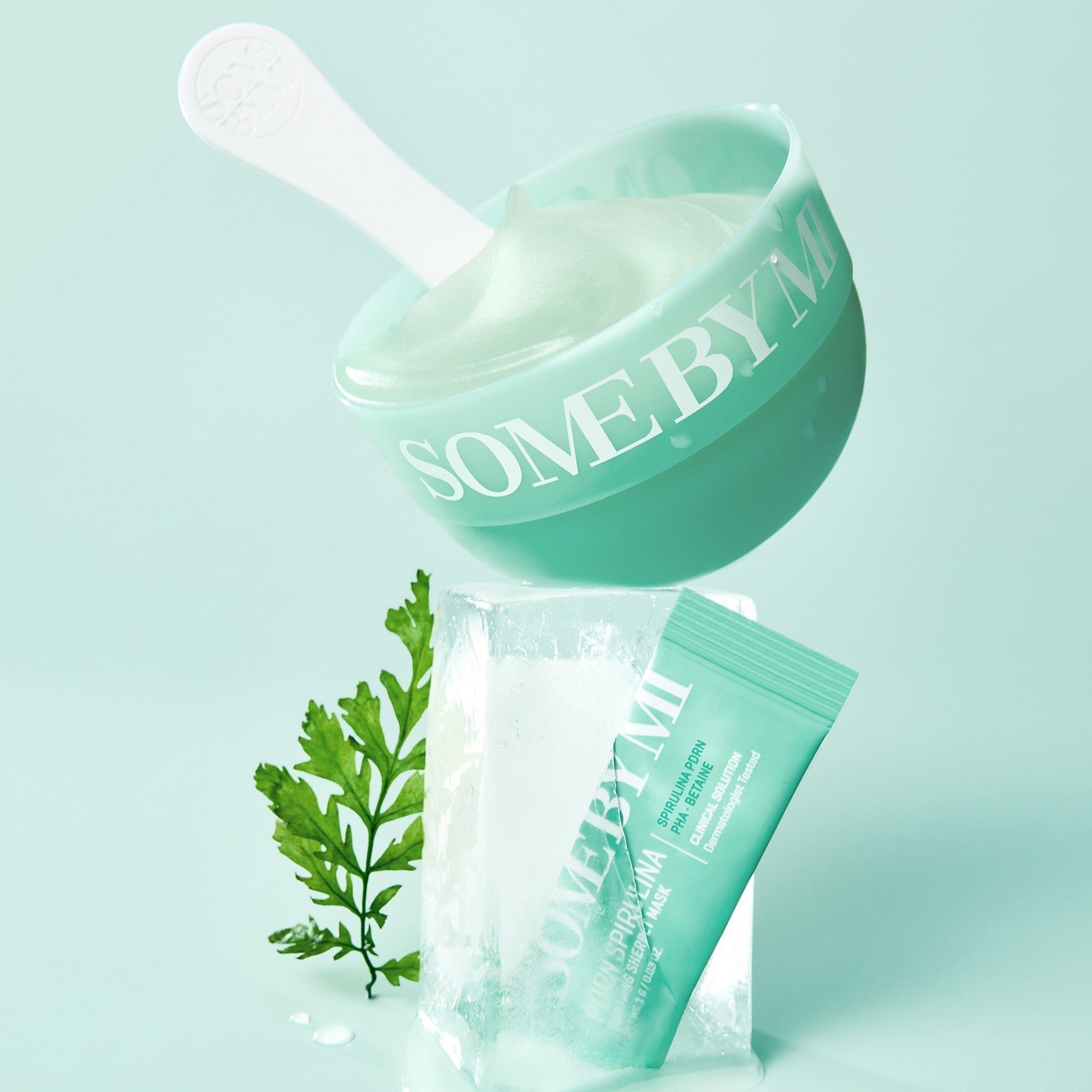 SOME BY MI PDRN Spirulina Soothing Sherbet Mask 1g x 10ea displayed with soothing elements