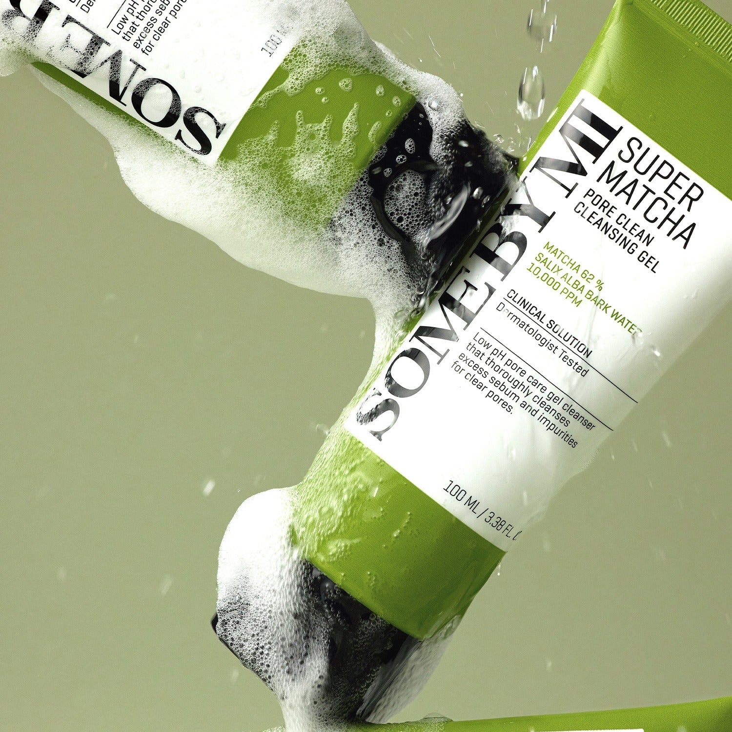 SOME BY MI Super Matcha Pore Clean Cleansing Gel 100ml bottle with foam, highlighting green packaging and skincare benefits.