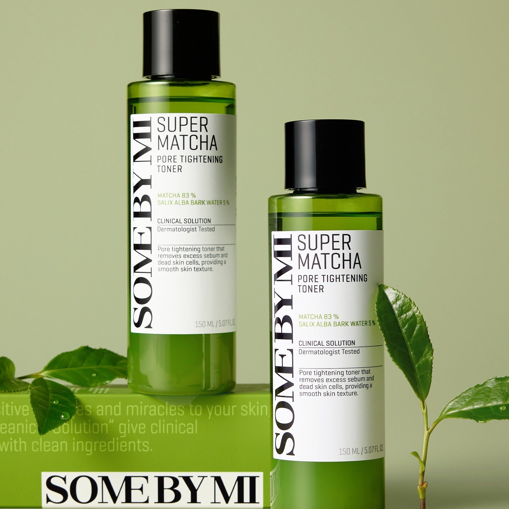 SOME BY MI Super Matcha Pore Tightening Toner 150ml bottles with green leaf backdrop