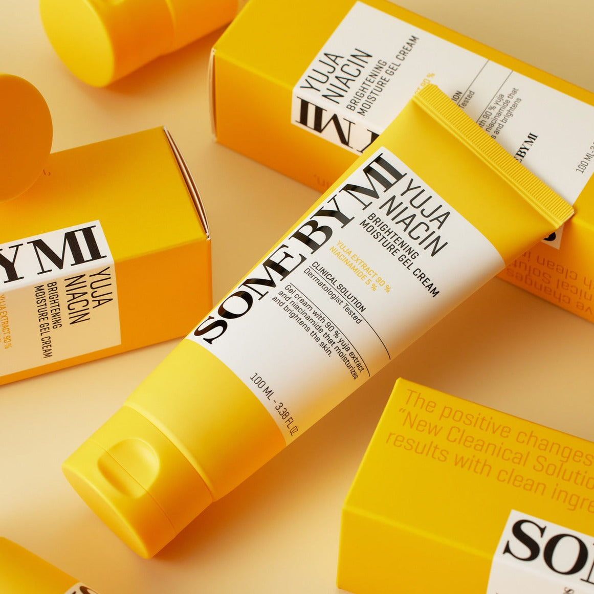SOME BY MI Yuja Niacin Brightening Moisture Gel Cream 100ml tube and packaging on display, highlighting skincare benefits.