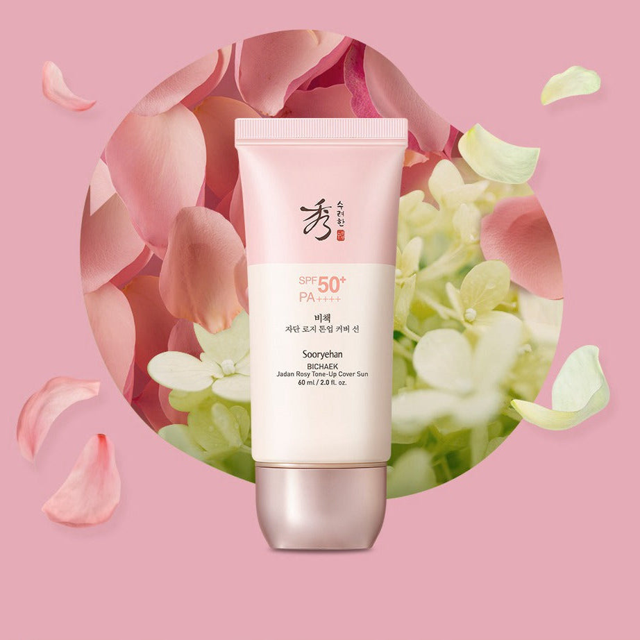 SOORYEHAN Bichaekjadan Rosy Tone-up Cover Sun 60ml with floral background
