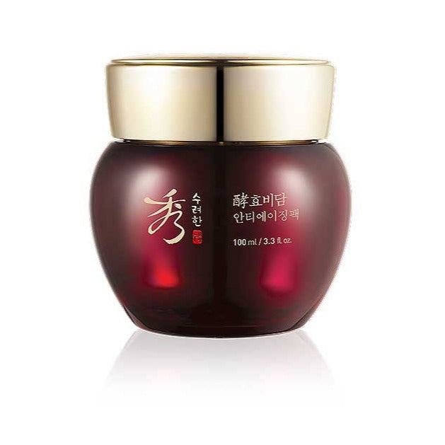 SOORYEHAN Hyobidam Anti-Aging Pack 100ml in elegant jar with gold lid, designed for reducing signs of aging and improving skin texture.