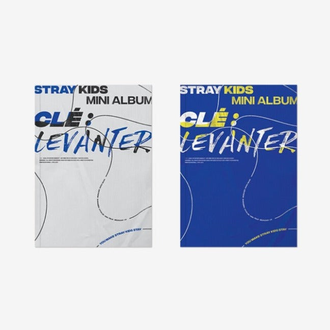 Image of the STRAY KIDS Clé : LEVANTER 6th Mini Album covers in white and blue.