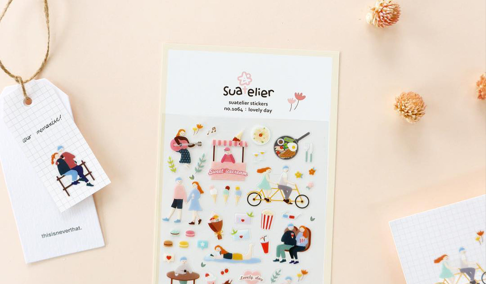 Cute sticker set with picnic, food, and bicycle illustrations, featuring "Sua Atelier" branding, surrounded by decorative elements.