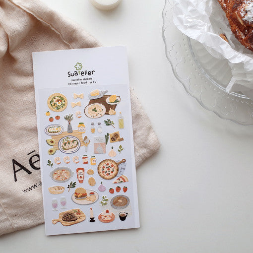 SUATELIER Food Trip #1 Stickers featuring various illustrated food items, perfect for decorating planners and scrapbooks.