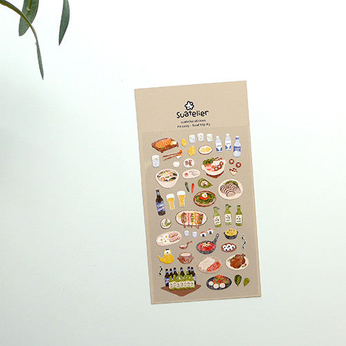 SUATELIER Food Trip #3 Stickers sheet featuring various food illustrations on a light background.