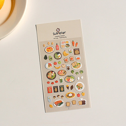 SUATELIER Food Trip #5 Stickers featuring various food designs on a beige background, ideal for creative and decorative projects.