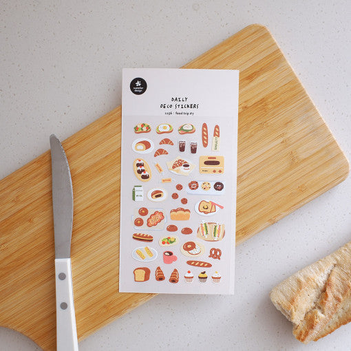 SUATELIER Food Trip #7 Stickers featuring diverse food designs on a wooden board with a knife. Perfect for planners and journals.