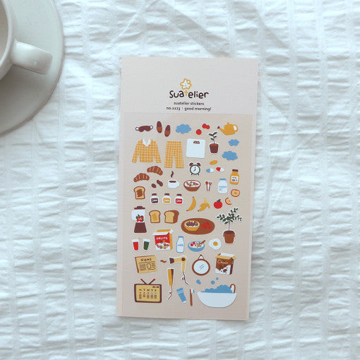 SUATELIER Good Morning! Stickers displayed on a sheet with breakfast-themed designs on a white background.