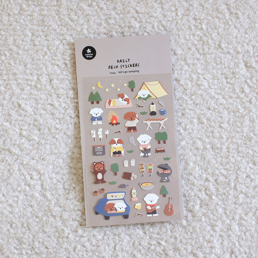 SUATELIER Let's Go Camping Stickers featuring colorful camping-themed designs on a beige background, perfect for decoration and organization.