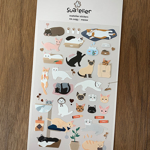 SUATELIER Meow Stickers featuring assorted cat designs on a white background, ideal for decoration and creative projects.