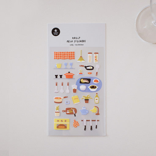 SUATELIER My Kitchen Stickers displaying various colorful kitchen utensils and ingredients on a white background.