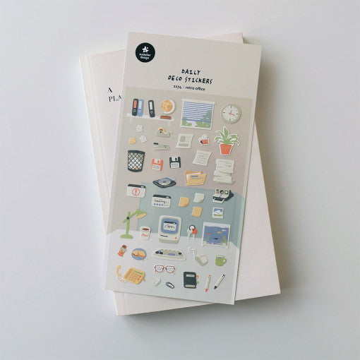 SUATELIER Retro Office Stickers featuring various office-themed designs on a sticker sheet.