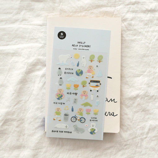 Image featuring SUATELIER Save The Earth Stickers sheet with various eco-friendly designs.