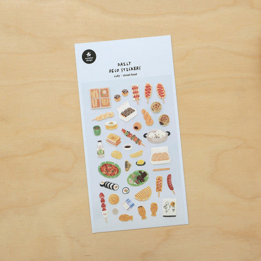 SUATELIER Street Food Stickers featuring various food items like dumplings, skewers, and sauces on a beige background.